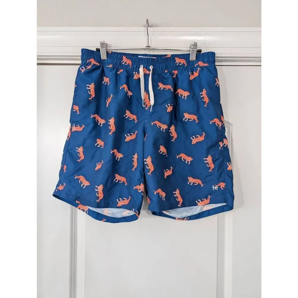 Tipsy Elves Tiger Swim Trunks men's large blue orange short Pull on novelty